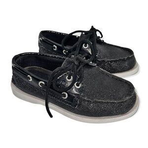Sperry Top Sider Toddler Girl’s Black Sparkle Slip On Boat Shoes Size 8.5